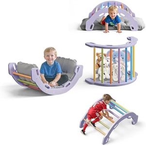COSYLAND Kids Climber Arch Rocker with Cushion - Solid Wood Indoor Pikler Climbing Toys for Toddler with Handrails - Scentless Indoor Playground Arch Climbing Ladder (Purple Frame, Rainbow Sticks)