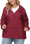 Avoogue Plus Size Raincoat Women Waterproof Rain Jacket Packable Outdoor Hooded Windbreaker, Wine Red, 3X-Large Plus