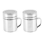 Hoypeyfiy 2Pcs Flour Sugar Salt Shaker, Stainless Steel Chocolate Dredges Metal Shaker with Handle Icing Sugar Salt Cocoa Flour Coffee Shaker Sifter Spice Dispenser Condiment Jar for Kitchen