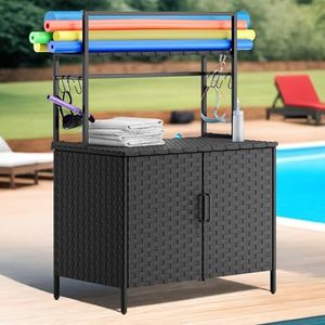DWVO Pool Float Storage, Poolside Organizer with Storage Cabinet,PE Rattan Pool Float Holder for Cushions, Floaties, Noodles, Life Vests, Beach Balls, Patio Furniture (Black)