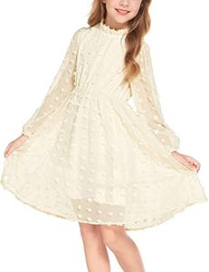 Flypigs Tween Girls Long Sleeve Fall Dresses Swiss Dot Casual Party Dress Beige 11-12Years