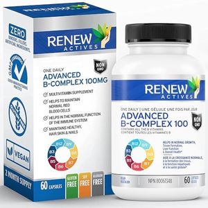 Renew Actives Vitamin B Complex 100-100% of B1, B2, B3, B5, B-6, B-12. Promotes Normal Growth, Tissue Formation, & Liver Function - Essential for Health - 60 Caps