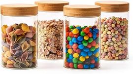 Femora Kitchen Storage Jars Borosilicate Glass With Wooden Lid Air Tight Jar, 750 Ml, Pack Of 4, Transparent