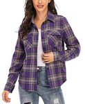 100% Cotton Women Flannel Plaid Shirt Blouse Long Sleeve Button Down Boyfriend Casual Check Shirts Classic Tops Purple