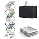 6 Pockets Literature Catalog Rack, Foldable Magazine Brochure Display Stand, Magazine Floor-Standing with Portable Oxford Bag, Aluminum Pop up Brochure Stand for Trade Show