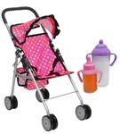 fash n kolor Doll Stroller with Basket - My First Baby Doll Umbrella Stroller - Pink Polka Dot Foldable Doll Pram Baby Doll Accessories Gift Toys for Girls with 2 Free Bonus Bottles