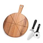 Acacia Wood Pizza Board, 12 inch Pizza Board Set with Pizza Cutter and Pizza Spatula, Round Pizza Serving Board with Handle, Pizza Cutting Board for Bread, Vegetables, Camping, RV