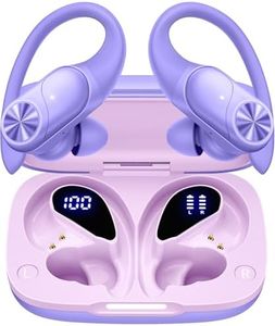 PocBuds Bluetooth Headphones Wireless Earbuds 80hrs Playtime Wireless Charging Case Digital Display Sports Ear buds with Earhook Deep Bass IPX7 Waterproof Over-Ear Earphones for TV Phone Laptop Purple