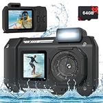 33FT Underwater Camera 4K Waterproof Camera, 65MP Autofocus Selfie Dual-Screen Underwater Camera for Snorkeling Waterproof Compact Floatable Digital Camera with 64GB Card(Black)