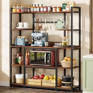 Tribesigns Large Bakers Rack, 55" Wide Kitchen Hutch Cabinet Microwave Stand with 11 Hooks, 5-Tier Baker’s Rack Kitchen Storage Shelf Rack with Hutch, Rustic Brown