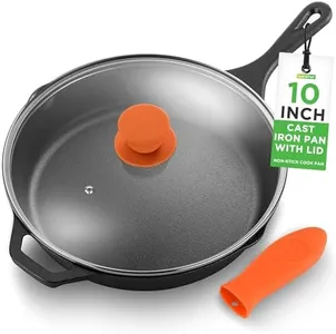 NutriChef 10" Pre-Seasoned Cast Iron Pan - PFOA-Free Oven Safe Kitchen Nonstick Cookware Frying Pan Skillet w/Glass Lid, Drip Spout, Silicone Handle - Gas/Electric/Ceramic/Induction Cooktop -NCCI10