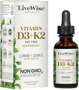 Live Wise Naturals Vitamin D3 with K2 Liquid Drops, All Natural, Non GMO, 1208IU D3 and 25mcg K2 (MK7) Per Serving, Strengthen Bones, Boost Immune System and Energy Levels, with or Without Peppermint Oil