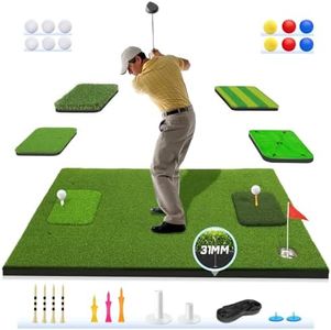 Upgraded 6-Function Turf Golf Mat: 5x4ft Thickened Golf Hitting Mat, Indoor & Outdoor Golf Practice Swing/Chipping/Driving Mat for Backyard, Ideal Golf Training Equipment for Men/Kids, Beginners