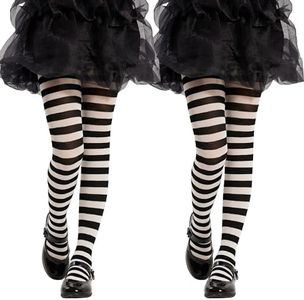 MANZI Girls Colored Striped Tights Toddler Kids Halloween Christmas Costume Pantyhose Witch Striped Leggings Baby Black and White Footed Stockings Nylons 2t-10t(Black+White,S)
