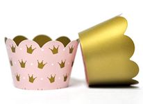 Princess Cupcake Wrappers for Girls Birthday Parties, Baby Showers, Bridal Showers, or Regal Weddings. Set of 24 Reversible Millennia Pink and Gold Crown Patterned Cup Cake Holder Wraps. Pale Pink