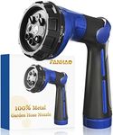 FANHAO Garden Hose Nozzle 100% Heavy Duty Metal Water Hose Sprayer with 8 Spray Patterns, High Pressure Spray Nozzle with Thumb Control, On Off Valve for Watering Plants, Washing Cars & Pets, Blue