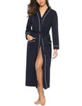 Sykooria Womens Lightweight Cotton Knit V Neck Long Kimono Robes Bathrobe Soft Sleepwear Loungewear Pocket Dressing Gown for Women(Navy Blue,L)