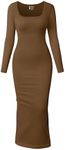 OQQ Women's Long Sleeve Maxi Dress Square Neck Ribbed Bodycon Lounge Soft Dresses Coffee