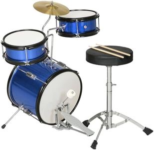 AIYAPLAY Kit de batterie pour enfant 7 pièces avec siège, cymbale réglable, pédale, baguettes, 2 tambours, bleu