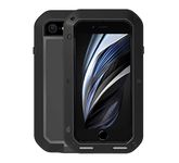 LOVE MEI Metal Case for iPhone SE 2020 / iPhone 7 / iPhone 8, Heavy Duty Military Bumper Robust Dustproof Shockproof Anti-Drop Aluminum Metal Full Body Protection Case with Tempered Glass (Black)