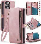 Defencase Wallet Case Compatible with iPhone 15 Pro with RFID Blocking Card Holder for Women and Men, PU Leather Magnetic Snap Flip Zipper Strap Phone Case Suitable for iPhone 15 Pro 6.1", Rose Pink