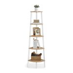 VASAGLE Corner Shelf, 5-Tier Corner Bookshelf, Storage Shelving Unit, Plant Stand for Living Room, Industrial Accent Furniture with Steel Frame, Natural Oak and Matte White ULLS035Y01