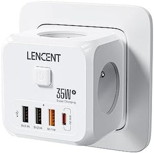 LENCENT Prise USB Secteur PD35W Multiple Murale Cube, 7 en 1 Multiprises et Chargeur USB Rapide PD35W avec 3 Sortie AC 4000W, 1 Type C et 3 Ports USB, Prise Murale Electrique Idéal pour maison, bureau