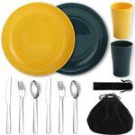 Evanda Camping Cutlery Set 10 Piece, Reusable Light Weight Mug, Plate And Stainless Steel Cutlery Set With Black Bag, For Camping 2 Person, Dishwasher Safe