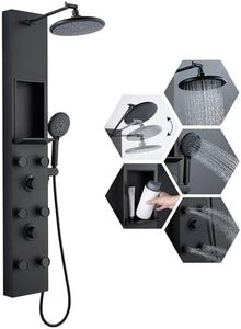 ROVATE Shower Panel Tower System with Shelf, Adjustable Shower Arm, Matte Black Shower Tower with 6 Body Jets, Self-Cleaning Rainfall Shower Head & Handheld, Powerful Shower Column Stainless Steel