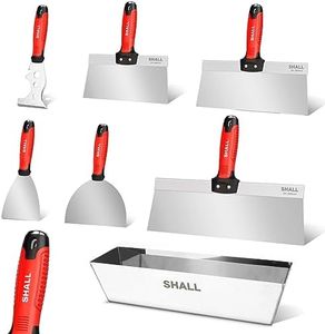 SHALL Drywall Knife Set, 7 Pcs Stainless Steel Drywall Hand Tool Kit Includes Putty knife, Taping knife, Painter Scraper Tool & 12" Mud Pan for Joint Taping, Finishing, Patching on Drywall, Wallpaper