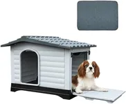 DWVO 36'' 2-Door Dog House with Elevated Base & Cushion, Plastic Pet House for Small and Medium Dogs, Easy Assembly, Water-Resistant for Indoor/Outdoor Use (36''L x 27.1''W x 26''H)