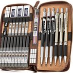 Nicpro 29PCS Art Mechanical Pencils Set in Leather Case, Metal Drafting Pencil 0.5, 0.7, 0.9 mm, 2mm Lead Pencil Holders for Sketching Drawing With 15 Tube (4B 2B HB 2H 4H Colored)Lead Refills Eraser