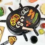 Quest 35909 Raclette Grill 8 Person Set with Pans for Cheese & Spatulas Electric Cooker Machine with Adjustable Temperature, 1200 Watt, Black