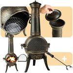 tectake® Chiminea Fire Pit - Cast Iron & Steel Log Burner in Rustic Design with Lockable Spark Screen, Ventilation Regulator, Removable Grill & Matching Poker - 44x52x115cm Patio Heater for Garden