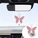 Bling Butterfly Diamond Car Hanging Accessories, Crystal Car Rear View Mirror Charms Car Decorative Accessories for Women, Lucky Presents Hanging Ornament Pendant Decor for All Cars (Pink)