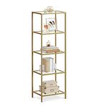 VASAGLE 5-Tier Glass Shelf, Bookshelf, Storage Rack, Tempered Glass, Easy Assembly, for Bathroom, Living Room, Bedroom, Office, Metallic Gold LGT029A01