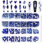 SILPECWEE 2 Boxes Blue Nail Rhinestones Flat-Back Rhinestones For Nails Glass Nail Crystals Nail Gems Stones Diamond for Nail Art 3D Nail Decoration Kit with Picker Pencil