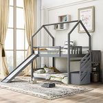 LostCat Twin Over Twin Bunk Bed with Slide and Storage Staircase, House Shaped Pine Wood Low Bunk Bed Frame w/Full-Length Guardrails, No Box Spring Needed for Girls, Boys, Grey