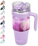 Tronco 40oz Glass Tumbler with Straw and Lid, Leakproof Flip Straw Glass Tumbler with Handle, Glass Water Bottle Fits in Cup Holder, BPA Free, Dishwasher Safe (Light Purple)