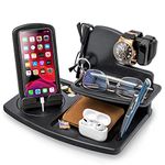 Wood Rotating Phone Docking Station Ash Key Holder Wallet Stand Watch Organizer Men Gift Husband Wife Anniversary Dad Birthday Nightstand Purse Father Graduation Male Travel Idea Gadgets (Black)