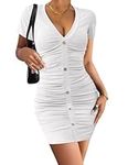 Beyove Bodycon Ruched Summer Women Short Sleeve Sexy V Neck Cocktail Pencil Buttons Down Prom Sheath Dress White M