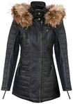 Women's Black Leather Parka Jacket Quilted Detachable Hooded Trench Coat XS