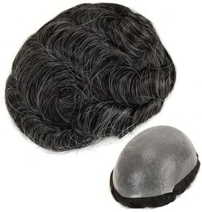 Topunique 0.06mm Thin Skin Toupee Hair for Men, Natural Black with 30% Gray Hair 8x10 Inch Base Size V-Looped Invisible Hairline 100% Medium Density