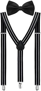 Satinior Suspender Bow Tie Set Clip On Y Shape Adjustable Braces, Pant Suspenders Shoulder Straps (Black with Stripe)