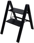 BAOYOUNI 2 Step Ladder Lightweight Folding Aluminum Step Stool Heavy Duty Stepladders Storage Shelf Rack with Anti-Slip Wide Platform for Household, Office, Painting - Black (2 Steps)