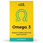 Vitl Omega 3 Fish Oil Supplement - 60 Softgel Capsules - Support Heart and Brain Health - 500mg Fish Oil, 250mg DHA & 50mg EPA - Highly Absorbable - 1 Month Supply