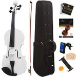 Mendini Full Size 4/4 MV-White Solid Wood Violin with Tuner, Lesson Book, Shoulder Rest, Extra Strings, Bow and Case