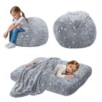 MeMoreCool Kids Bean Bag Chair Turn into Beanbag Bed, Toddler Bean Chair with Filling, Lazy Children Sofa Couch for Girl Boy Sleeping, Grey, 75 x 75 x 47cm, Glowing Dinosaur