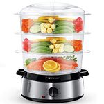 Aigostar 3 Tier Food Steamer, Electric Vegetable Steamer with BPA Free Baskets and Rice Bowl, 9 Litre, Refill While Steaming, Stainless Steel Base, 800W, Energy Saving, Silver