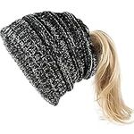 Xinveen Beanie Ponytail Hat Messy Bun Stretch Knit Cap for Women Mottled Black